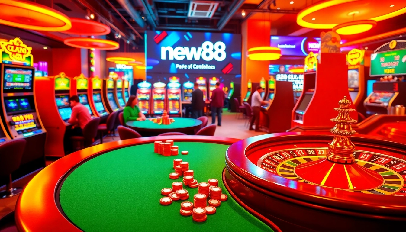 Experience the thrill of new88 at a lively online casino with poker, roulette, and colorful slot machines.