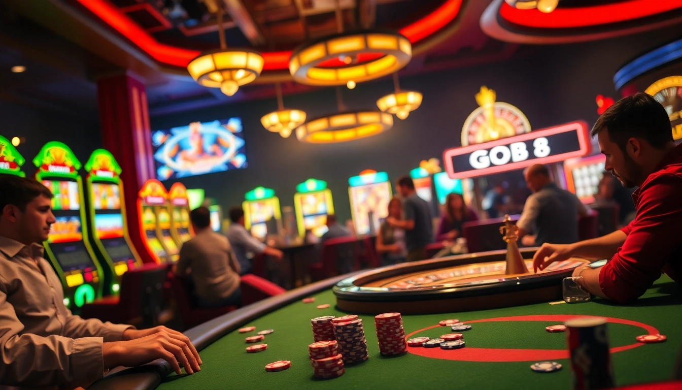 GO8 Casino scene featuring an exhilarating poker table, vibrant slot machines, and a roulette wheel creating an immersive gambling experience.