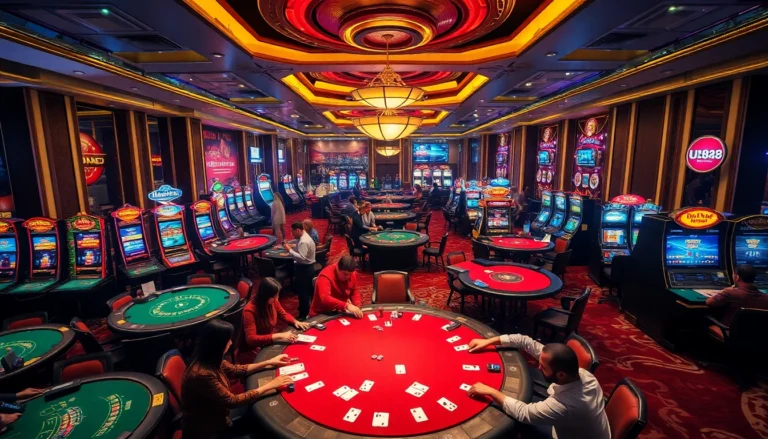 Experience the luxury of Nhà Cái UU88 with vibrant casino gaming tables and thrilling slot machines.