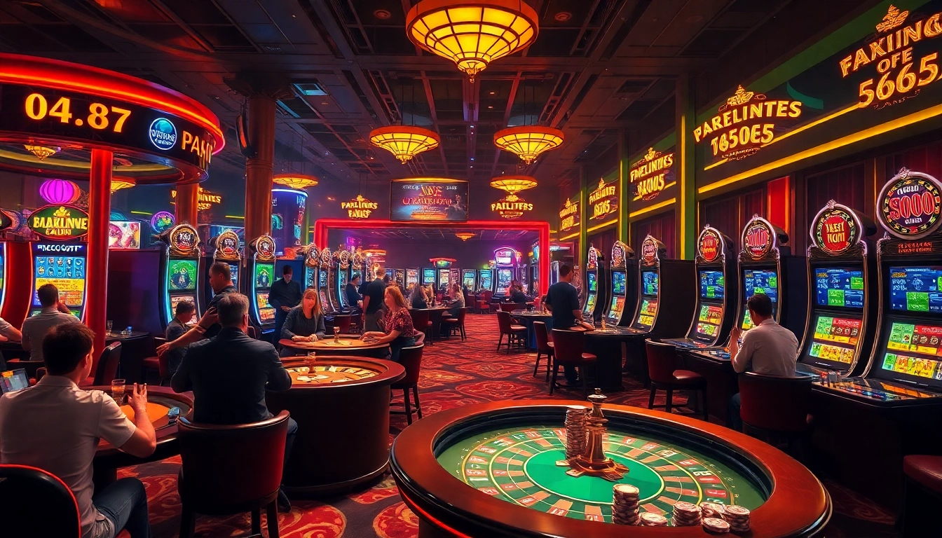 S666 đăng nhập to the vibrant energy of a lively casino with excited players at roulette tables and flashing slot machines.