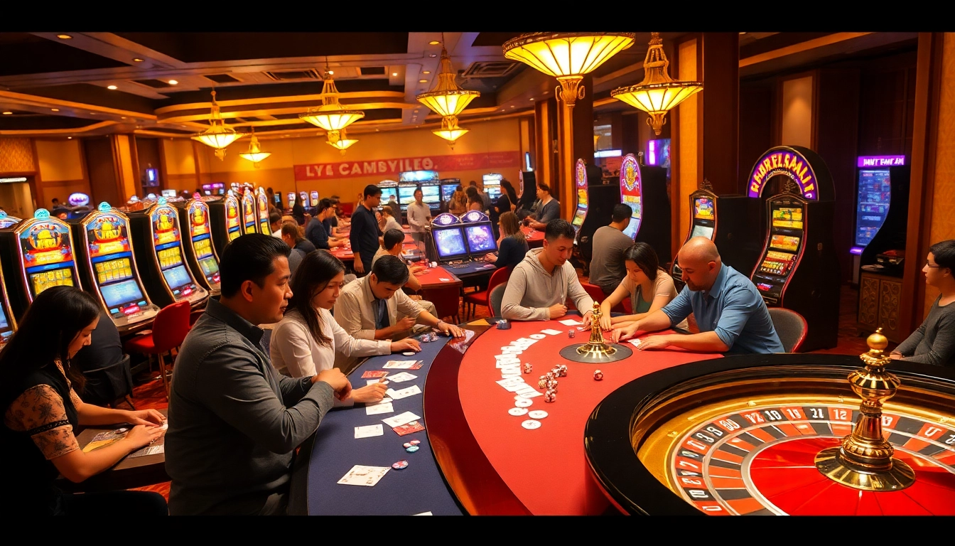 Experience the thrill of gambling at 58win with players engaged at poker tables surrounded by colorful slot machines and a vibrant roulette wheel.