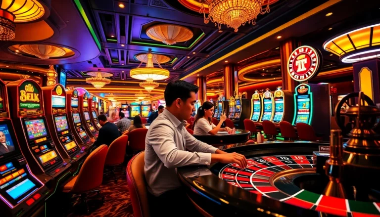 Players engaging in high-stakes action at a vibrant F8 BET casino, with poker tables, colorful slot machines, and roulette wheels.