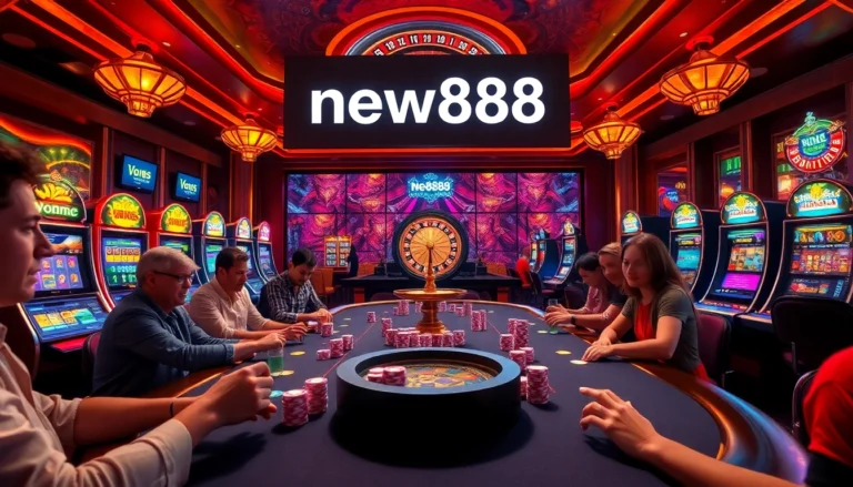 Experience the thrill of poker at new888, with vibrant casino lights and enthusiastic players in action.