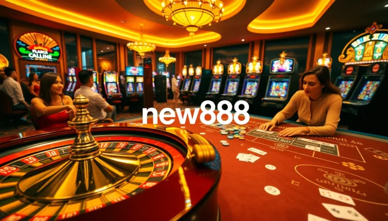 Engage in thrilling gaming action at new888's vibrant casino, featuring roulette and blackjack tables surrounded by excited players.