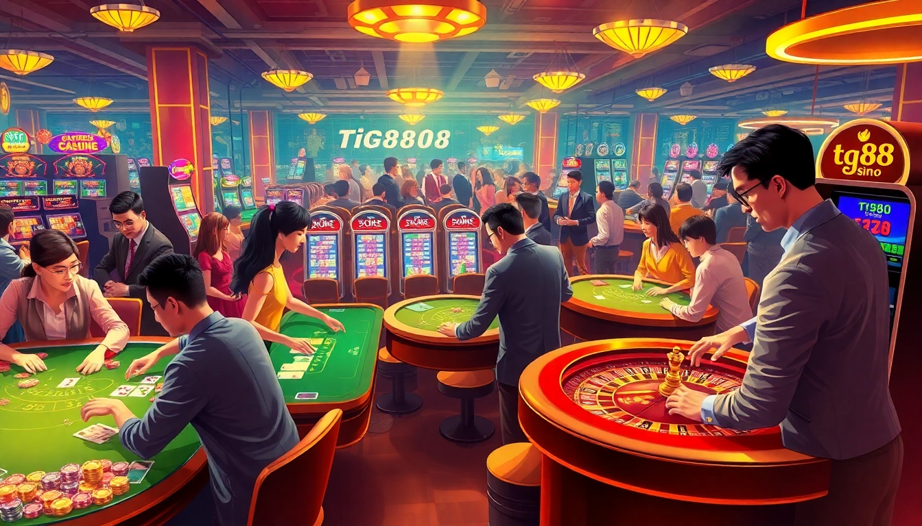 Experience the excitement at a vibrant casino featuring tg88-themed slot machines, casino tables, and players engaged in thrilling games.