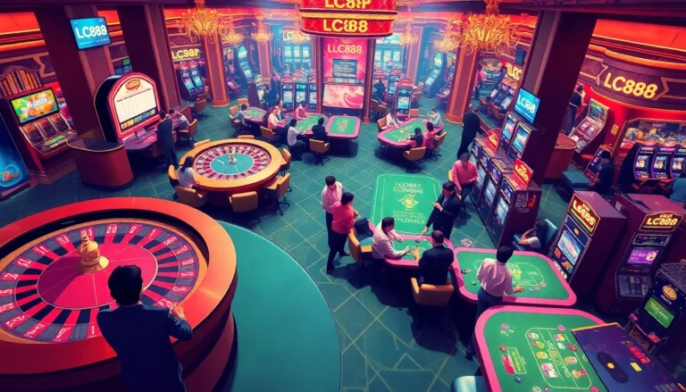 LC88 casino scene featuring excited players, vibrant gaming tables, and a luxurious ambiance.