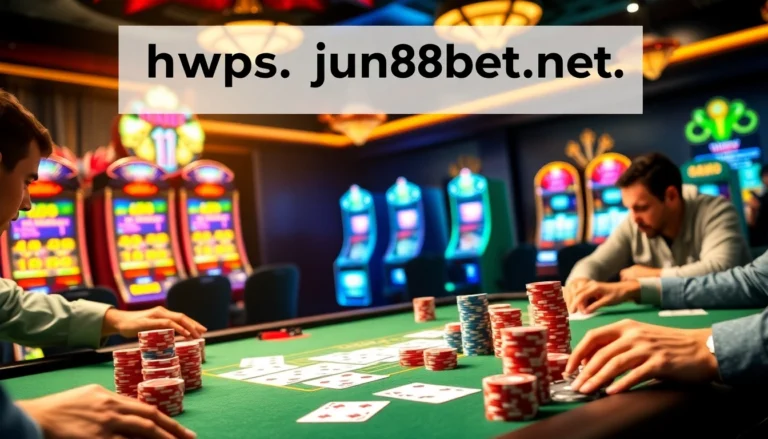 Players strategizing and betting at a poker table with chips and cards, showcasing https://jun88bet.net/ for premium gaming.